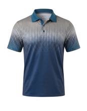 Load image into Gallery viewer, Gradient blue and gray polo shirt on a white background