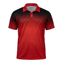 Load image into Gallery viewer, Red and black patterned polo shirt on a white background