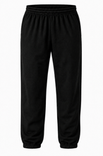 Load image into Gallery viewer, Black sweatpants with an elastic waistband and ribbed ankle cuffs, shown against a plain white background.
