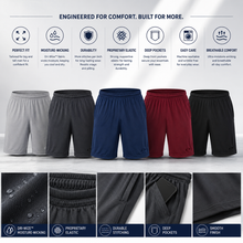 Load image into Gallery viewer, A product infographic showing athletic shorts in multiple colors: light gray, navy blue, burgundy red, and black. The top features feature callout icons with text like 'Perfect Fit,' 'Moisture-Wicking,' 'Durability,' 'Proprietary Elastic,' 'Deep Pockets,' 'Easy Care,' and 'Breathable Comfort.