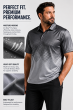 Load image into Gallery viewer, A man wearing a gray and black gradient polo shirt with a subtle geometric pattern, standing against a light gray background with promotional text and fabric detail images.