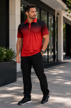 Load image into Gallery viewer, A man wearing a red and black gradient short-sleeve polo shirt, black pants, and black sneakers, standing outdoors in front of a modern building with large glass windows.