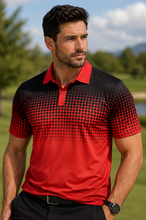 Load image into Gallery viewer, A man wearing a red and black polo shirt with a gradient dot pattern, standing outdoors on a golf course.