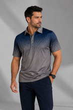 Load image into Gallery viewer, A man wearing a short-sleeve polo shirt with a dark blue to gray halftone dot gradient pattern on the upper body and sleeves, paired with navy pants, against a gray studio background.
