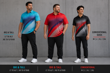 Load image into Gallery viewer, Three men modeling matching polo shirts in different size/fit options against a gray studio wall, with text labels indicating Big & Tall and Conventional sizes.