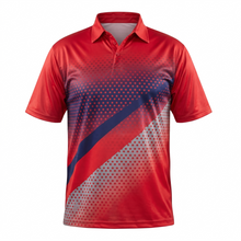 Load image into Gallery viewer, Red sports shirt with geometric pattern on a white background