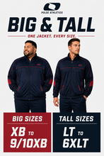 Load image into Gallery viewer, Promotional graphic for Pulse Athletics Big & Tall line, showing two male models wearing matching navy and red zip-up jackets against a light gray background, with text indicating sizes XB to 10XB and LT to 6XLT.