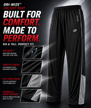Load image into Gallery viewer, Black athletic jog pants with white side stripes and a white logo, shown on a dark promotional background with feature callouts and text reading 'Built for Comfort. Made to Perform.
