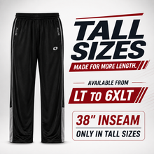 Load image into Gallery viewer, Black athletic pants with white side stripes and a small white logo, shown on a light gray background with large promotional text reading 'TALL SIZES', 'MADE FOR MORE LENGTH.', 'AVAILABLE FROM LT TO 6XLT', and '38" INSEAM ONLY IN TALL SIZES'.