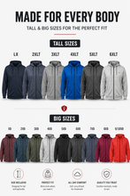 Load image into Gallery viewer, A size chart and fit guide for a hooded jacket, titled 'MADE FOR EVERY BODY' with the subtitle 'TALL & BIG SIZES FOR THE PERFECT FIT.' The graphic shows multiple color options for tall and big sizes, labeled by size categories such as LX, 2XT, 3XT, 4XT, 5XT, 6XT, XB, 2XB, 3XB, 4XB, 5XB, 6XB, 7XT, 8XT, and 9/10XT.