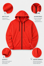 Load image into Gallery viewer, A bright red heather zip-up hoodie centered on a light gray background, surrounded by five circular callout graphics with text highlighting features such as built-to-last durability, 320 GSM heavy fabric, secure fit, and everyday durability.