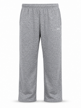 Load image into Gallery viewer, A pair of heather gray sweatpants with an elastic waistband and side pockets, featuring a small white embroidered logo on the left hip, shown against a plain white background.