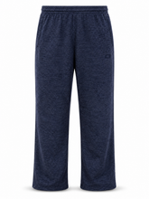 Load image into Gallery viewer, A pair of navy blue heathered sweatpants with an elastic waistband and side pockets, shown against a plain white background.