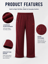 Load image into Gallery viewer, A pair of heathered burgundy sweatpants shown on a light gray background with feature callouts and text. The image includes circular close-ups of the plush interior fabric, a reinforced stitching detail, and an open bottom hem, with headings such as Product Features, Luxurious Plush Interior, Extra Stitching, and Open Bottom Design.
