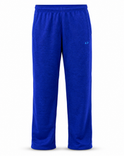 Load image into Gallery viewer, A pair of royal blue fleece sweatpants with an elastic waistband and a small light blue logo on the left thigh, shown against a plain white background.