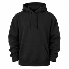 Load image into Gallery viewer, A classic black pullover hoodie with a front kangaroo pocket and matching black drawstrings, shown against a plain white background.