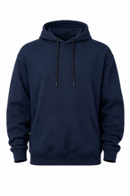 Load image into Gallery viewer, A classic navy blue pullover hoodie with black drawstrings, shown against a plain white background.