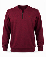 Load image into Gallery viewer, A men's heathered burgundy quarter-zip sweatshirt with a small red embroidered logo on the left chest, displayed on a clean white background.