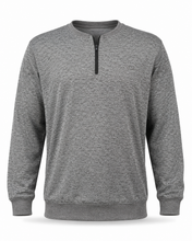 Load image into Gallery viewer, A heather gray long-sleeve quarter-zip pullover sweatshirt with a small embroidered logo on the left chest, displayed on a clean white background.