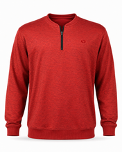 Load image into Gallery viewer, A red heathered long-sleeve quarter-zip pullover sweatshirt with a small embroidered logo on the left chest, displayed on a clean white background.
