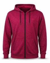 Load image into Gallery viewer, A heathered magenta zip-up hoodie with black drawstrings and a black front zipper, shown on a plain white background.