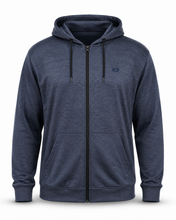 Load image into Gallery viewer, A navy blue heather zip-up hoodie with black drawstrings and a black front zipper, shown on a clean white background.
