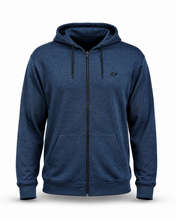 Load image into Gallery viewer, A navy blue heather zip-up hoodie with a drawstring hood, front pockets, and a small black logo on the left chest, shown on a plain white background.