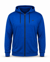 Load image into Gallery viewer, A royal blue full-zip hoodie with black drawstrings and a small black embroidered logo on the left chest, displayed on a clean white background.