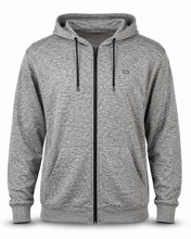 Load image into Gallery viewer, A heather gray zip-up hoodie with black drawstrings and a black front zipper, shown against a plain white background.