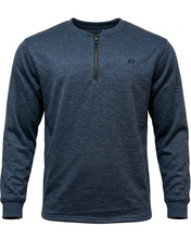 Load image into Gallery viewer, A men's heathered navy blue long-sleeve quarter-zip pullover shirt with a small embroidered logo on the left chest, displayed on a clean white background.