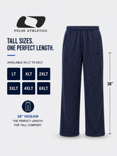 Load image into Gallery viewer, Navy blue heathered Pulse Athletics lounge pants shown on a light gray background with promotional text and size callouts for tall sizes and a 38-inch inseam.