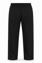 Load image into Gallery viewer, Black wide-leg sweatpants with an elastic waistband, shown against a plain white background.