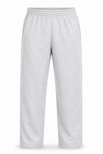 Load image into Gallery viewer, Light gray heather fleece sweatpants with an elastic waistband and side pockets, shown against a plain white background.