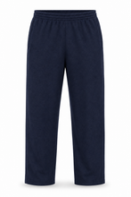 Load image into Gallery viewer, A pair of navy blue sweatpants with an elastic waistband, shown against a plain white background.