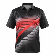 Load image into Gallery viewer, Black, red, and gray sports shirt with a geometric pattern on a white background