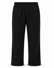 Load image into Gallery viewer, Black fleece sweatpants with an elastic waistband and side pockets, shown against a plain white background.