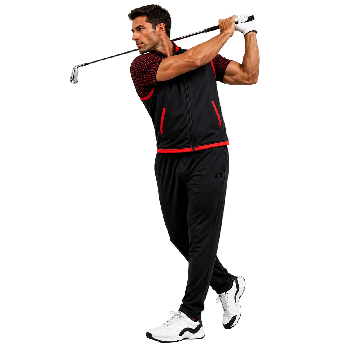 A man in a black and red athletic tracksuit swings a golf club, captured in a dynamic side-profile pose against a clean white background.