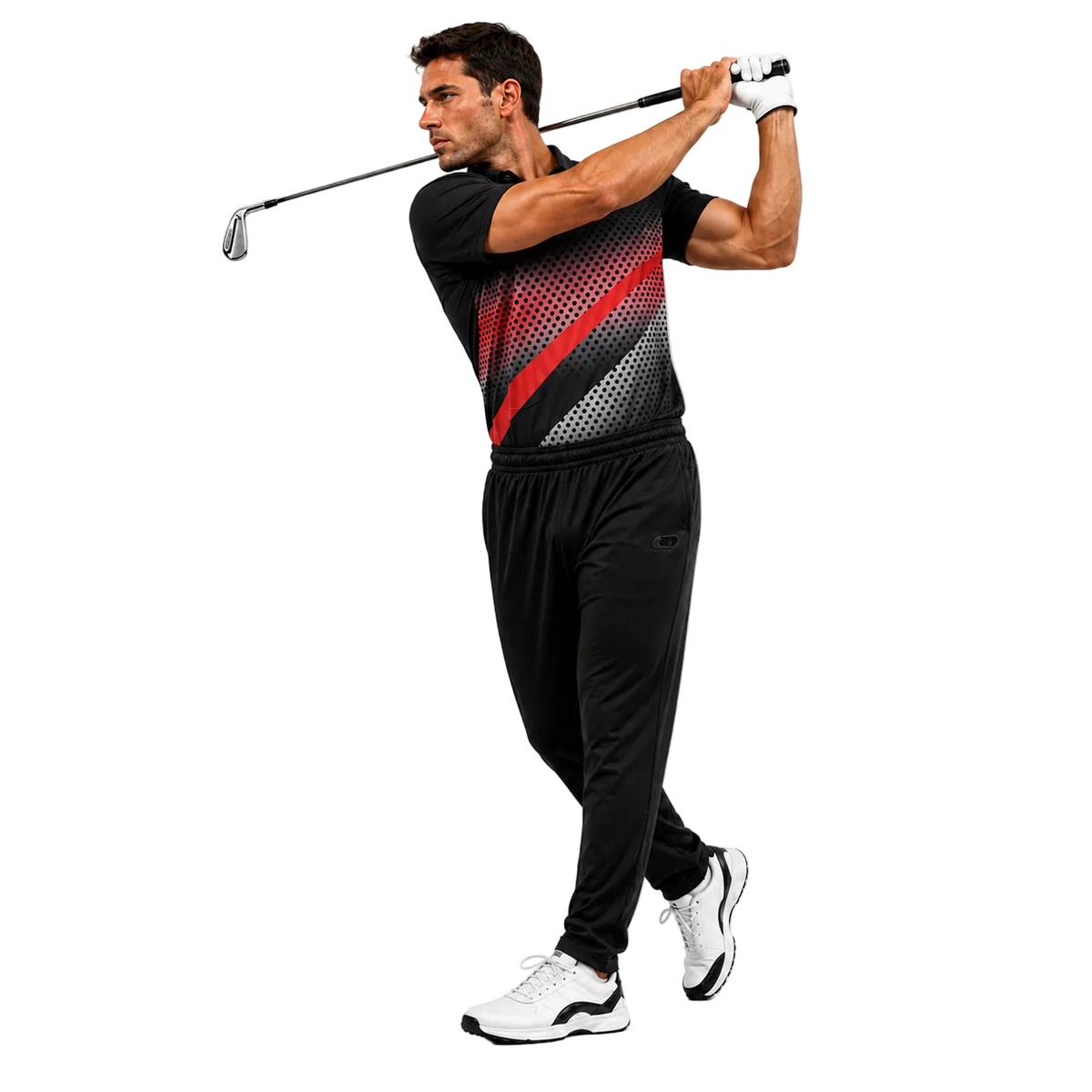 A man in a black athletic t-shirt with a red and gray gradient pattern, black athletic pants, and white golf shoes, captured mid-swing with a golf club against a solid white background.