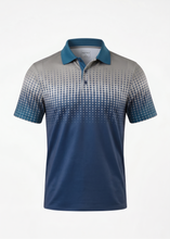 Load image into Gallery viewer, Gradient blue and gray polo shirt on a white background
