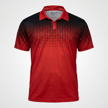 Load image into Gallery viewer, Red and black patterned polo shirt on a white background
