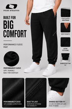 Load image into Gallery viewer, Black fleece jogger pants shown on a model from the waist down, with white sneakers. The image includes feature callouts and close-up fabric detail panels for Pulse Athletics.
