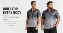 Load image into Gallery viewer, Two male models wearing matching dark gray polo shirts with a subtle geometric pattern that fades into a solid gray color at the hem, set against a light gray background with promotional text.
