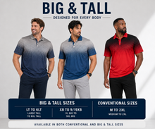 Load image into Gallery viewer, Promotional graphic for men's polo shirts featuring three male models wearing gradient polo shirts, with text overlays detailing sizing for 'Big &amp; Tall' and conventional sizes.
