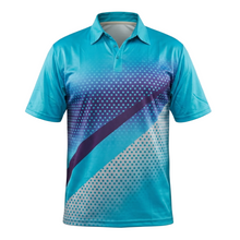 Load image into Gallery viewer, Blue polo shirt with geometric pattern on a light gray background
