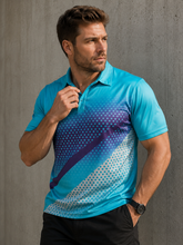 Load image into Gallery viewer, A man wearing a short-sleeve athletic polo shirt with a blue-to-purple gradient and dotted pattern, posed against a textured gray concrete wall.
