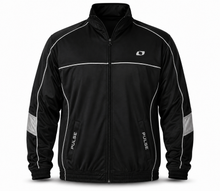 Load image into Gallery viewer, A black zip-up track jacket with white piping details, a small white logo on the left chest, and 'PULSE' printed vertically on the front pockets, shown on a plain white background.
