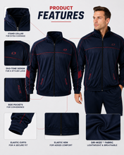 Load image into Gallery viewer, A product features infographic for a navy blue zip-up athletic jacket and matching pants, showing a male model on the right and close-up feature callouts on the left with text labels such as stand collar, duotone design, side pockets, elastic cuffs, elastic hem, and Dir-Wize fabric.

