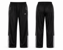 Load image into Gallery viewer, Black athletic track pants shown from the front and back, featuring white side stripes, a white logo on the front thigh, and light gray paneling at the lower legs.
