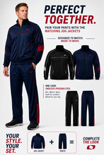 Load image into Gallery viewer, Promotional graphic for a matching athletic tracksuit set, featuring a male model wearing a navy blue zip-up jogger jacket and navy pants with red side panels, alongside standalone views of the jogger jacket and pants in navy/black and black/white colorways. Large text reads 'PERFECT TOGETHER' and includes branding for QeeLo.
