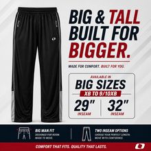 Load image into Gallery viewer, Black athletic pants with white side stripes and a small white logo, shown on a promotional graphic with text about sizing and fit for big and tall shoppers.
